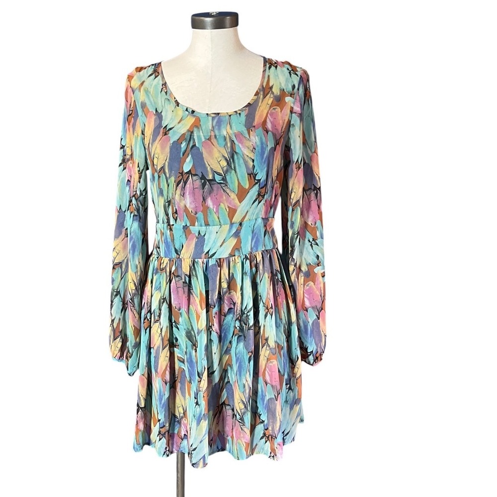 Sage Abstract‎ Feather Print Long Sleeve Mini Dress Turquoise Pink Yellow Small